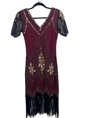 BABEYOND Flapper Dress Small Sequins Fringe Black 1920’s Gatsby Costume Party